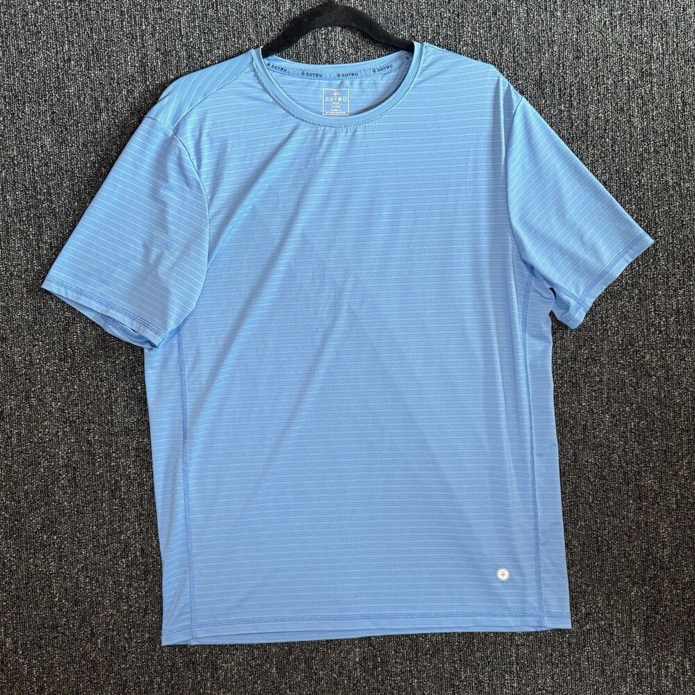 Soybu Focus Mens Blue Striped Performance T-Shirt Short Sleeve Men’s Size Medium